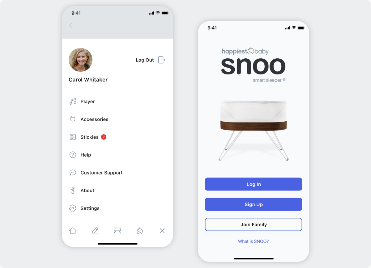 Happiest Baby SNOO iOS App - Login and Menu