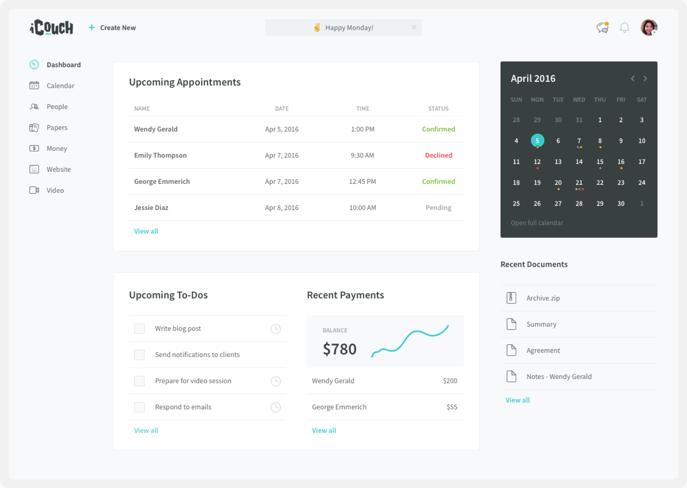 iCouch dashboard